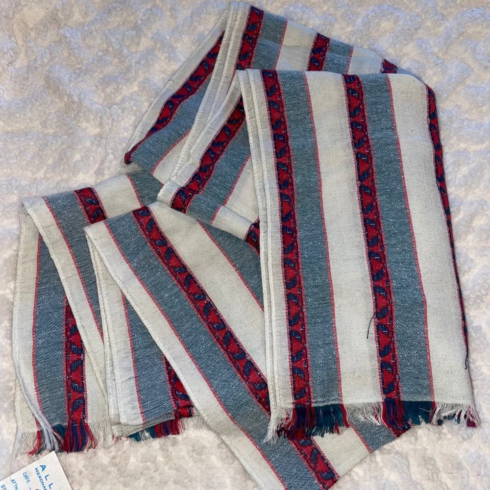 Alliance Merchandising Cotton Silk Striped Wrap Scarf Blue‎ Red Cream Fringe